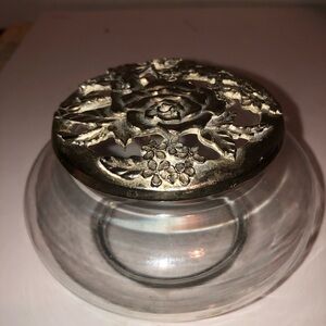 Decorative Glass Jar with pewter Floral Lid for potpourri or trinkets- used